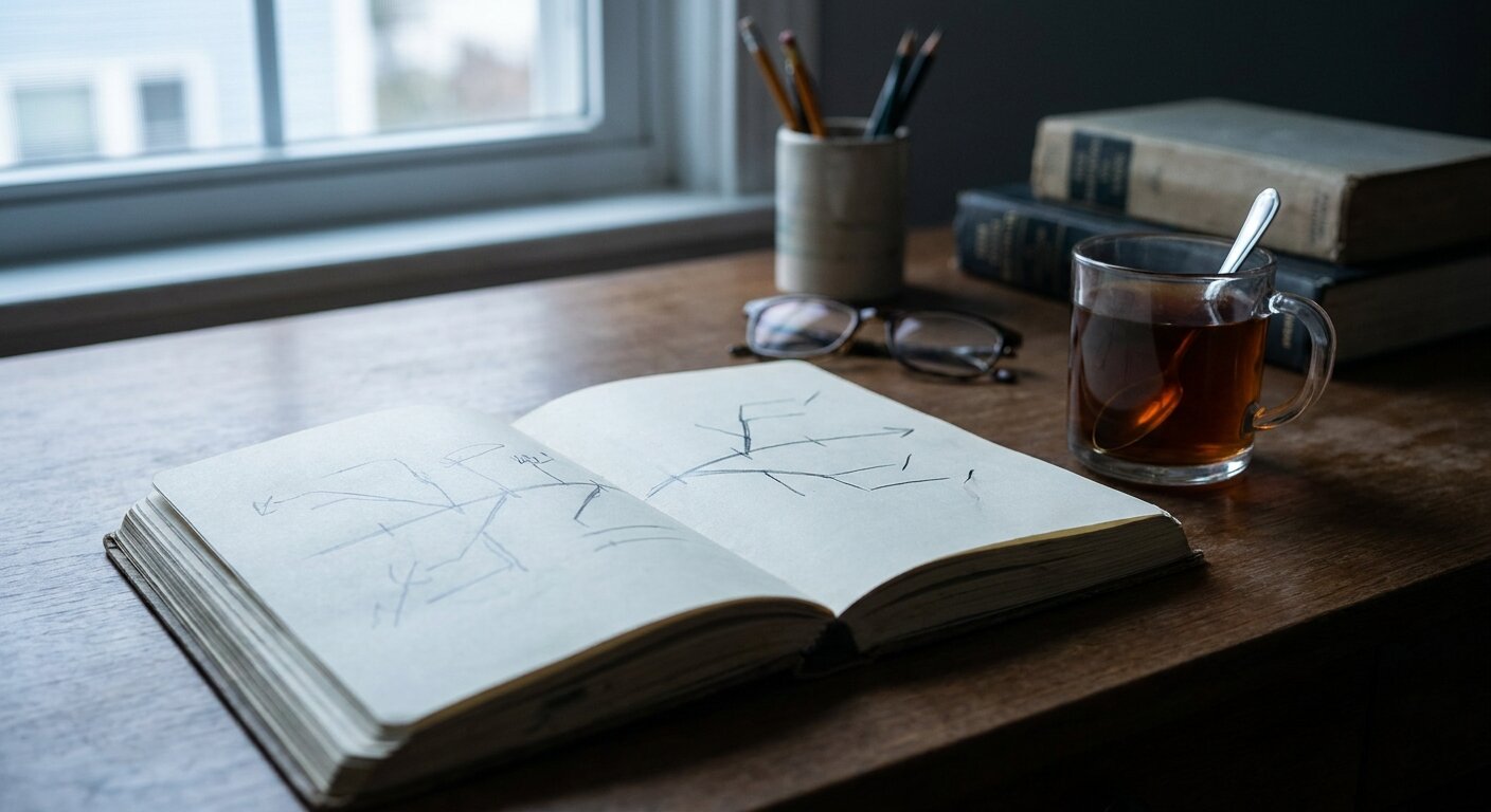 A researcher's desk on a quiet Thursday morning — an open notebook with a handwritten timeline visible as marks on the page, a tea glass, morning light. The atmosphere is careful documentation, something understood but not yet named. No text, no signs, no writing visible anywhere. Photorealistic, cinematic, cool morning light, documentary photography style, shallow depth of field, muted neutral palette.