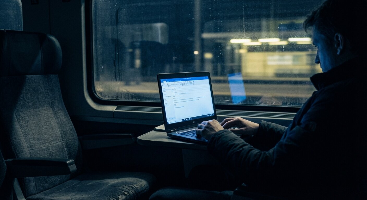 A train compartment at night — a laptop screen illuminating a face in darkness, a window reflecting the laptop's glow and a pale strip of lights from a passing station. An open email is visible on the screen. The atmosphere is the particular stillness of reading something unexpected at night on a moving train. Photorealistic, cinematic, deep blue night, documentary photography style, shallow depth of field, muted blue-dark palette.