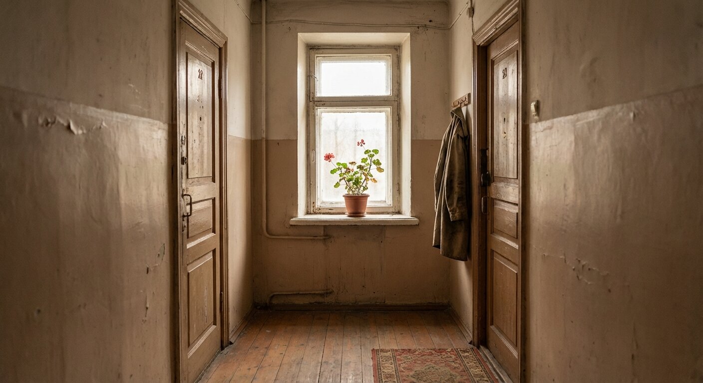 A building landing between two apartment doors. A small window at the end of the hallway lets in pale morning light. A potted plant on the windowsill. The hallway is narrow, the kind where two people talking will stand close together without choosing to. The atmosphere is quiet and inhabited — a place where conversations happen because there is nowhere else to be. Photorealistic, cinematic, pale morning light, documentary photography style, shallow depth of field, muted warm palette.