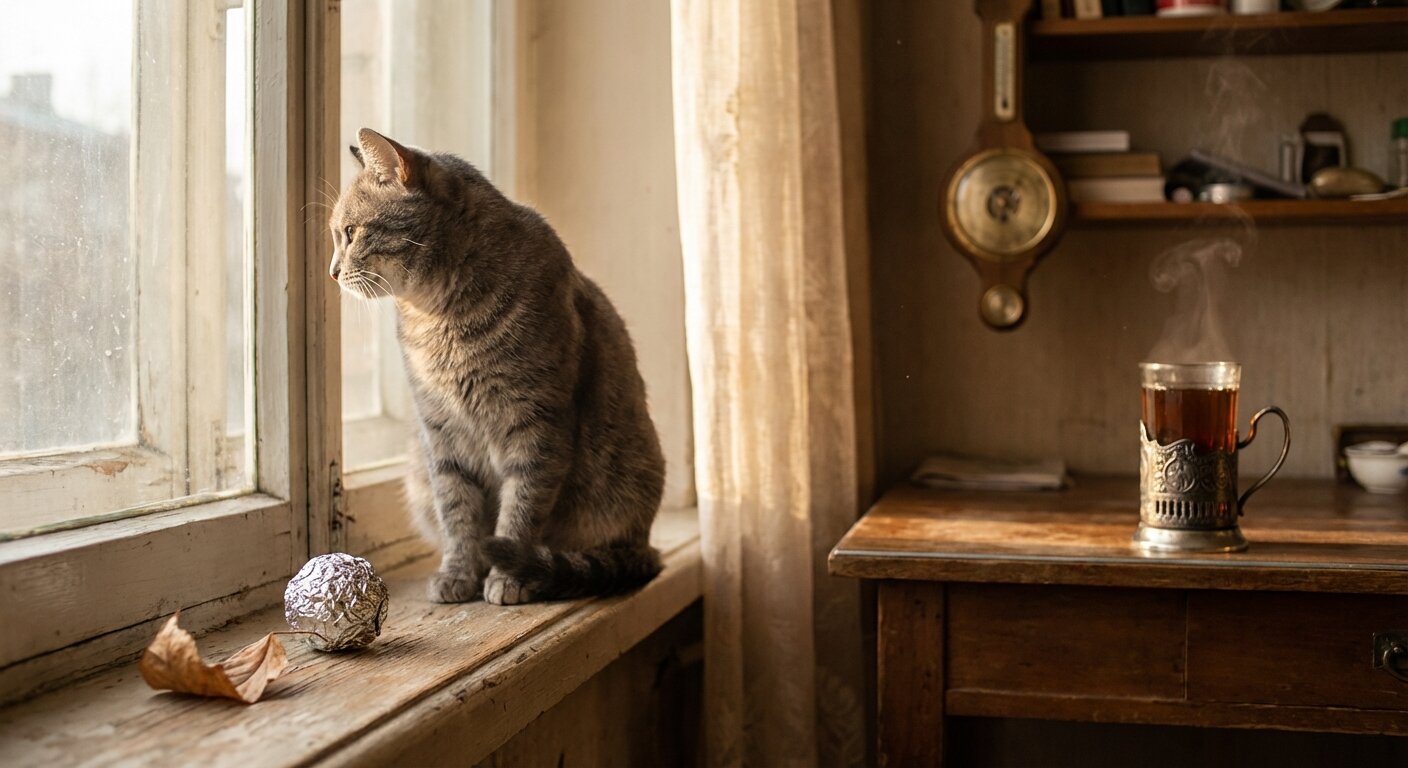 A quiet apartment interior, afternoon light. A windowsill with a small crumpled foil ball and a dried leaf, exactly as left. A barometer on its shelf. A glass of tea in a podstakannik on the desk, steam rising. The room has the specific stillness of a space that has been empty and is now occupied again