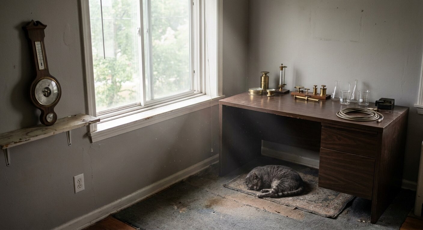 A researcher's apartment on a Monday morning — The Ambassador barometer on its shelf, a desk cleared and waiting, a gray tabby cat under the desk, summer morning light through a window. The atmosphere is returning to a place that held without being managed. No text, no signs, no writing visible anywhere. Photorealistic, cinematic, morning light, documentary photography style, shallow depth of field, muted neutral palette.