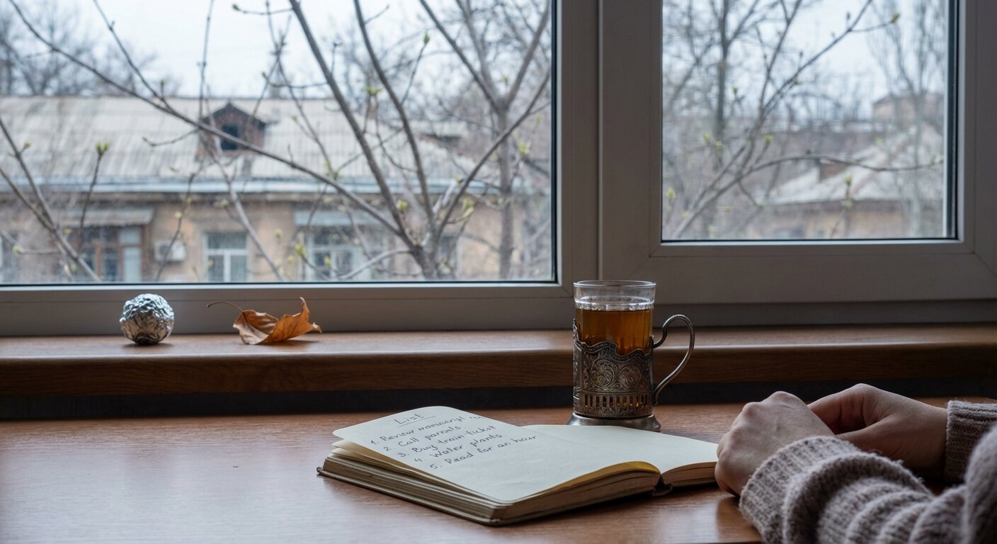A tidy apartment desk in Sunday morning light. A notebook open to a page with a numbered list — five items, handwritten, clean. A glass of tea. The window shows a pale Almaty spring morning, bare branches beginning to show the faint green of early buds. On the windowsill: a small aluminum foil ball and a dried leaf. The atmosphere is quiet, slightly expectant — the stillness before something changes