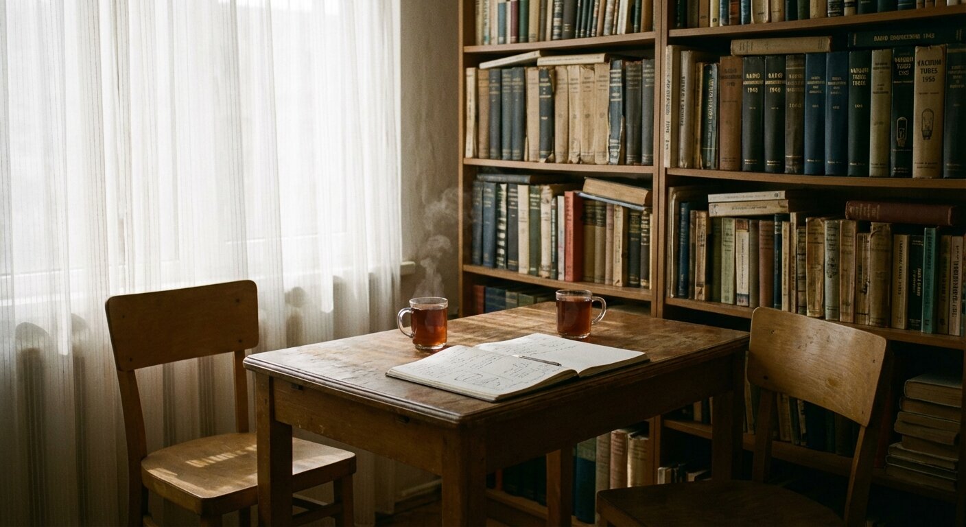 A small apartment interior in late morning light — two plain chairs at a table with two glasses of tea, an open notebook between them. Bookshelves along one wall, old technical manuals visible on the spines. A window with white curtains, pale spring light. The atmosphere is a conversation that has been waiting a long time to happen. Photorealistic, cinematic, soft morning light, documentary photography style, shallow depth of field, muted warm palette.