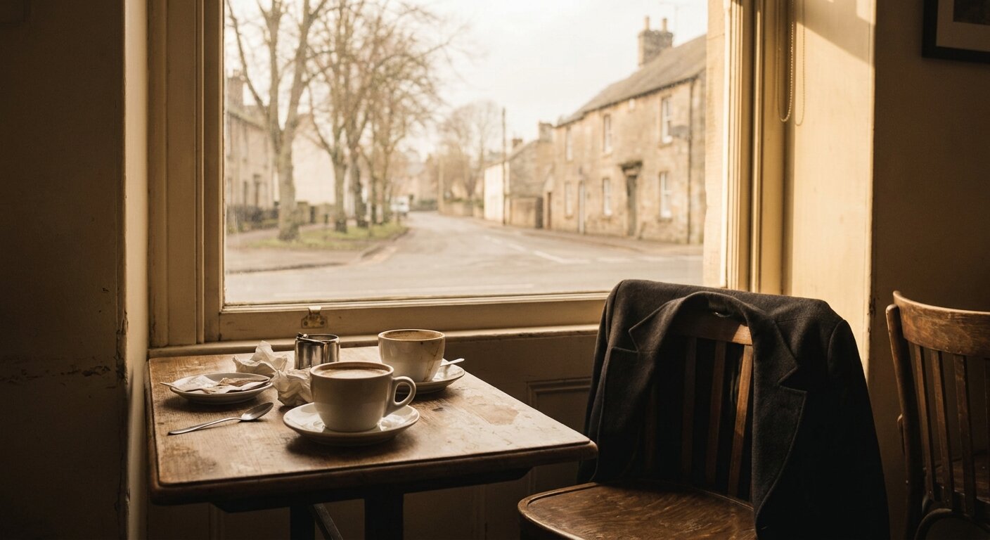 A café table in Sunday afternoon light — two cups of coffee, one just placed, one half-finished. Across the table from where the camera sits, a coat is draped over the back of a chair. The table is near a window. Outside: pale April afternoon, the street quiet. The atmosphere is a meeting that has been coming from a long distance. Photorealistic, cinematic, warm afternoon light, documentary photography style, shallow depth of field, muted warm palette.