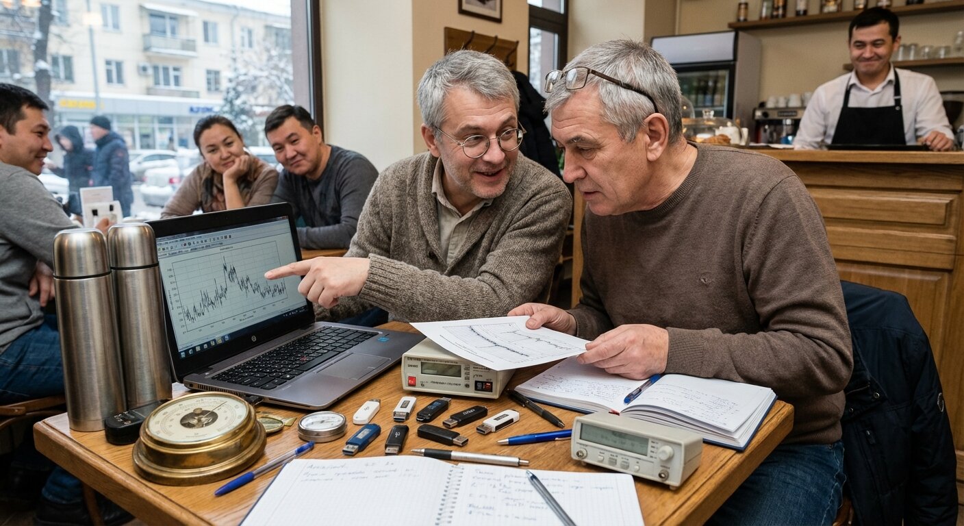 Two men at a café table surrounded by notebooks, USB drives, and a barometer
