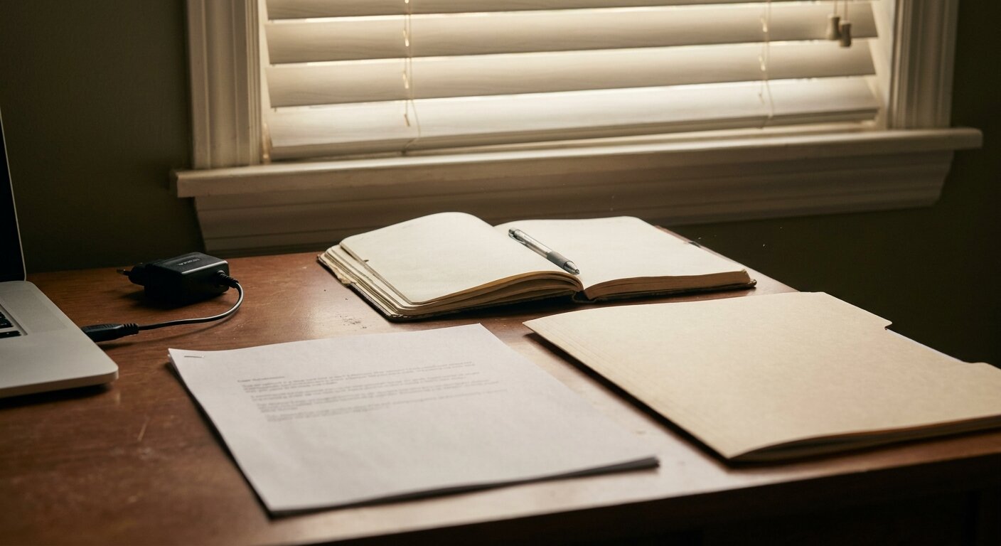A researcher's desk on a quiet Sunday — a four-page printed document face-up beside a closed folder, a Nokia phone charger connected to a laptop at the edge of the frame, a notebook open with a pen resting across it, weak late-spring light through a half-open window blind. The atmosphere is quiet preparation, between days. No text, no signs, no writing visible anywhere. Photorealistic, cinematic, soft morning light, documentary photography style, shallow depth of field, muted warm palette.