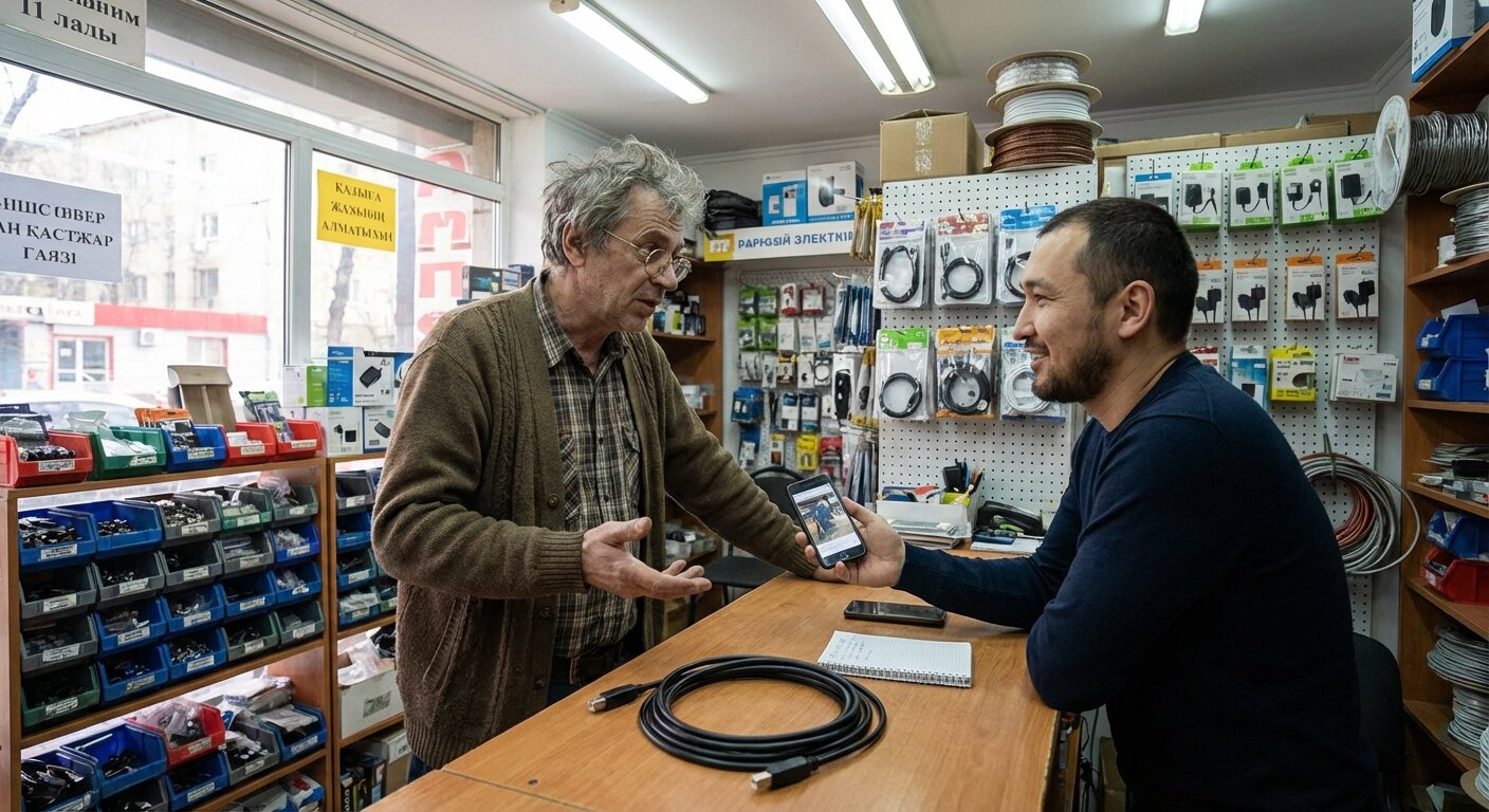 Interior of electronics store with vendor behind counter