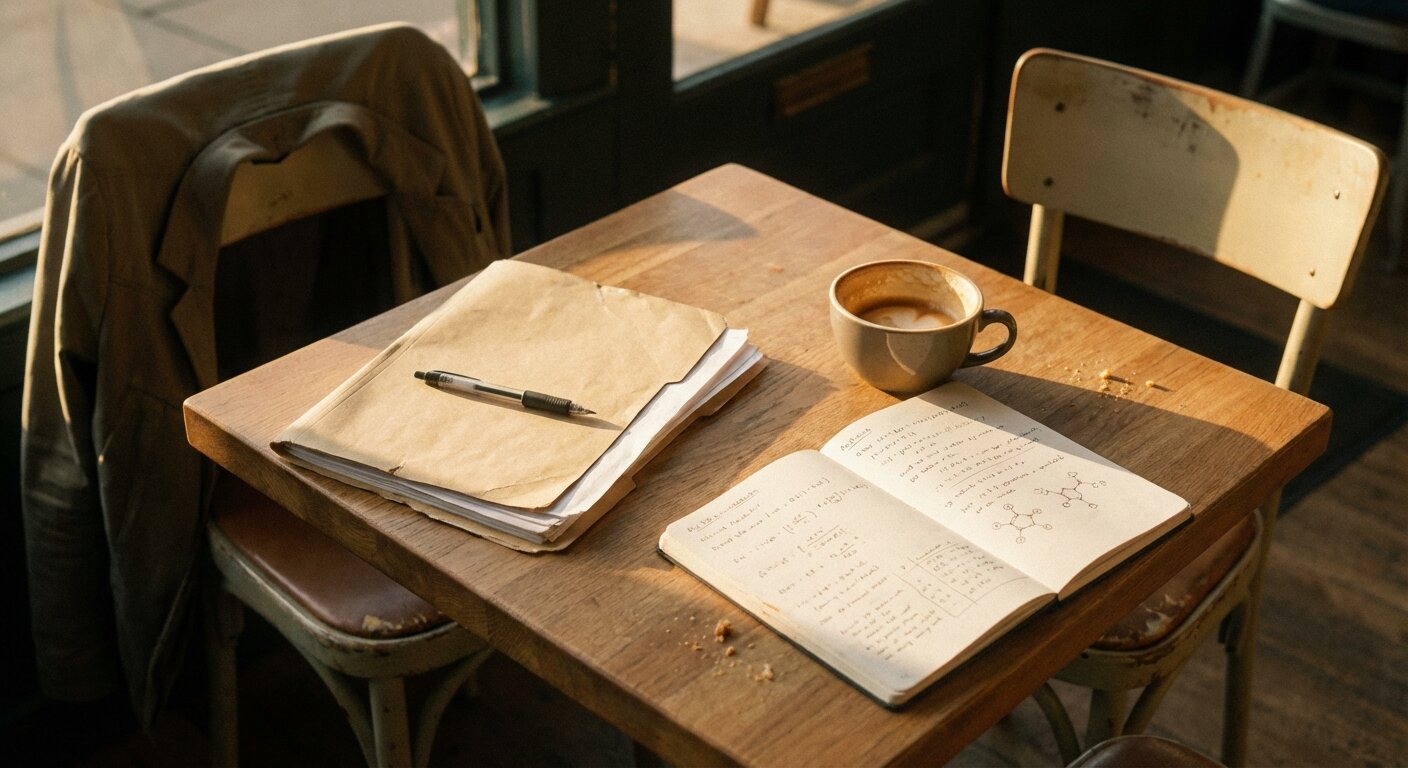 A café table in warm afternoon light. A folder with papers sits on one side of the table. Across from it: a coffee cup and a notebook open to a page of handwritten notes with molecular diagrams. Two chairs, one slightly pulled out. The atmosphere is a conversation that has been going on longer than either person planned. Photorealistic, cinematic, warm afternoon light, documentary photography style, shallow depth of field, muted warm palette.