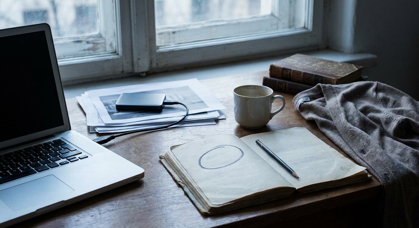 A researcher's desk on a Monday morning — an external hard drive connected to a laptop, a printed data spreadsheet beside it, a notebook open to a page with a single circled entry, morning light through a window. The atmosphere is something in old data that was always there, now understood differently. No text, no signs, no writing visible anywhere. Photorealistic, cinematic, cool morning light, documentary photography style, shallow depth of field, muted cool palette.