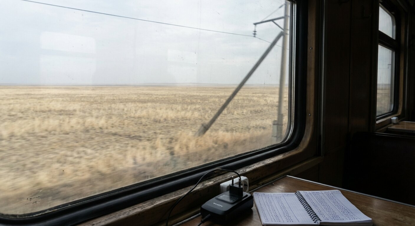 A train window at mid-morning showing the Kazakhstan steppe stretching flat to the horizon — pale dry grass, grey-white sky, the shadow of an overhead power line crossing the glass at an angle. On the windowsill: a Nokia charger plugged into the wall outlet, a small notebook open to a page of columns. The atmosphere is motion and distance. Photorealistic, cinematic, flat pale daylight, documentary photography style, shallow depth of field, muted grey-ochre palette.