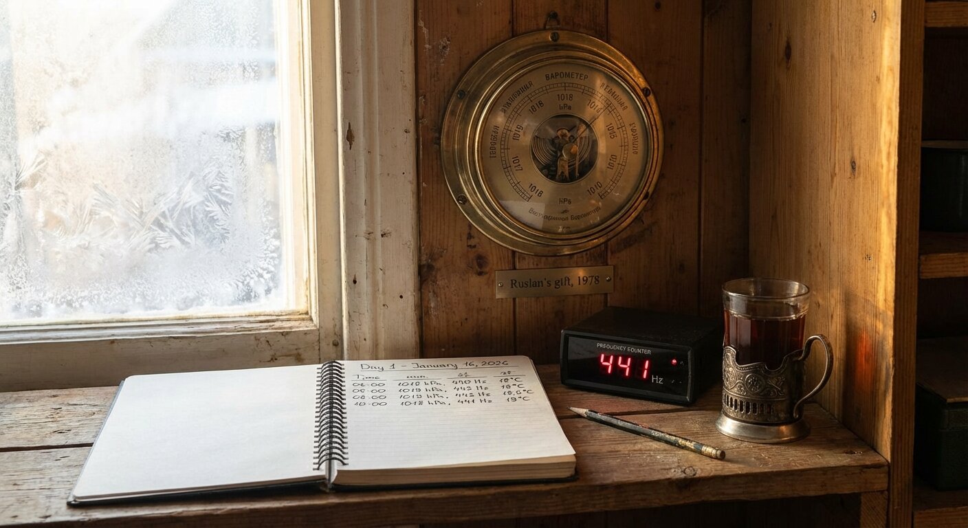 Brass barometer mounted on wall next to window with notebook showing first measurements