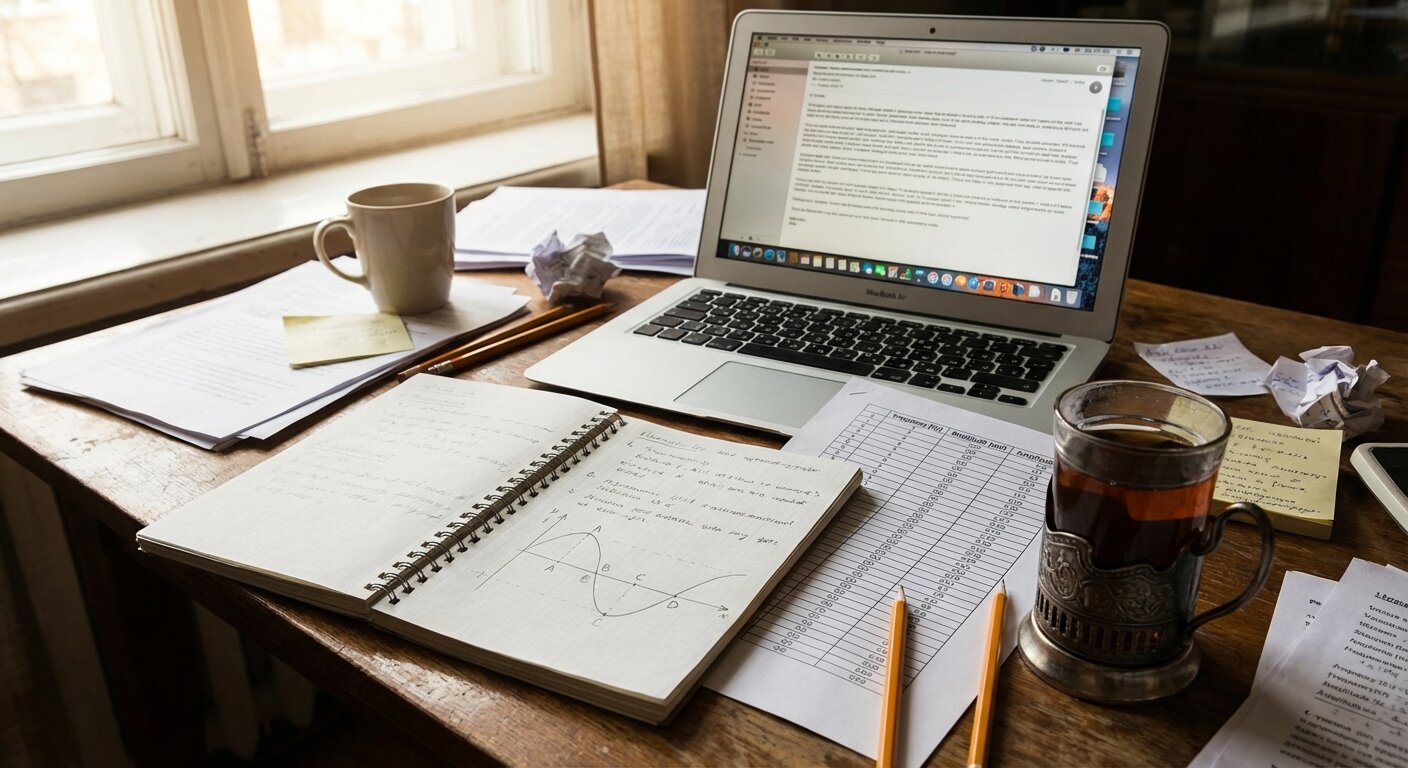 A desk with a laptop showing a long email, a notebook open to a page of handwritten calculations — sine wave sketches, four labeled data points, a curve fitted through them. A printed spreadsheet with columns of frequency measurements. A half-empty glass of tea. Morning light, slightly disheveled working atmosphere