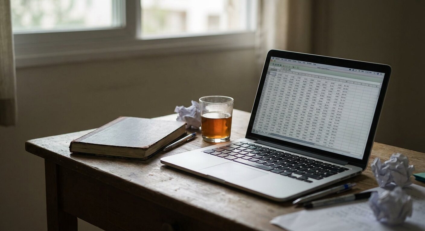 A researcher's desk on a Thursday morning — a laptop open to analytics data (numbers only, no readable text), a notebook beside it, a tea glass, morning summer light. The atmosphere is careful attention to what is being tracked and what is tracking back. No text, no signs, no writing visible anywhere. Photorealistic, cinematic, cool morning light, documentary photography style, shallow depth of field, muted neutral palette.