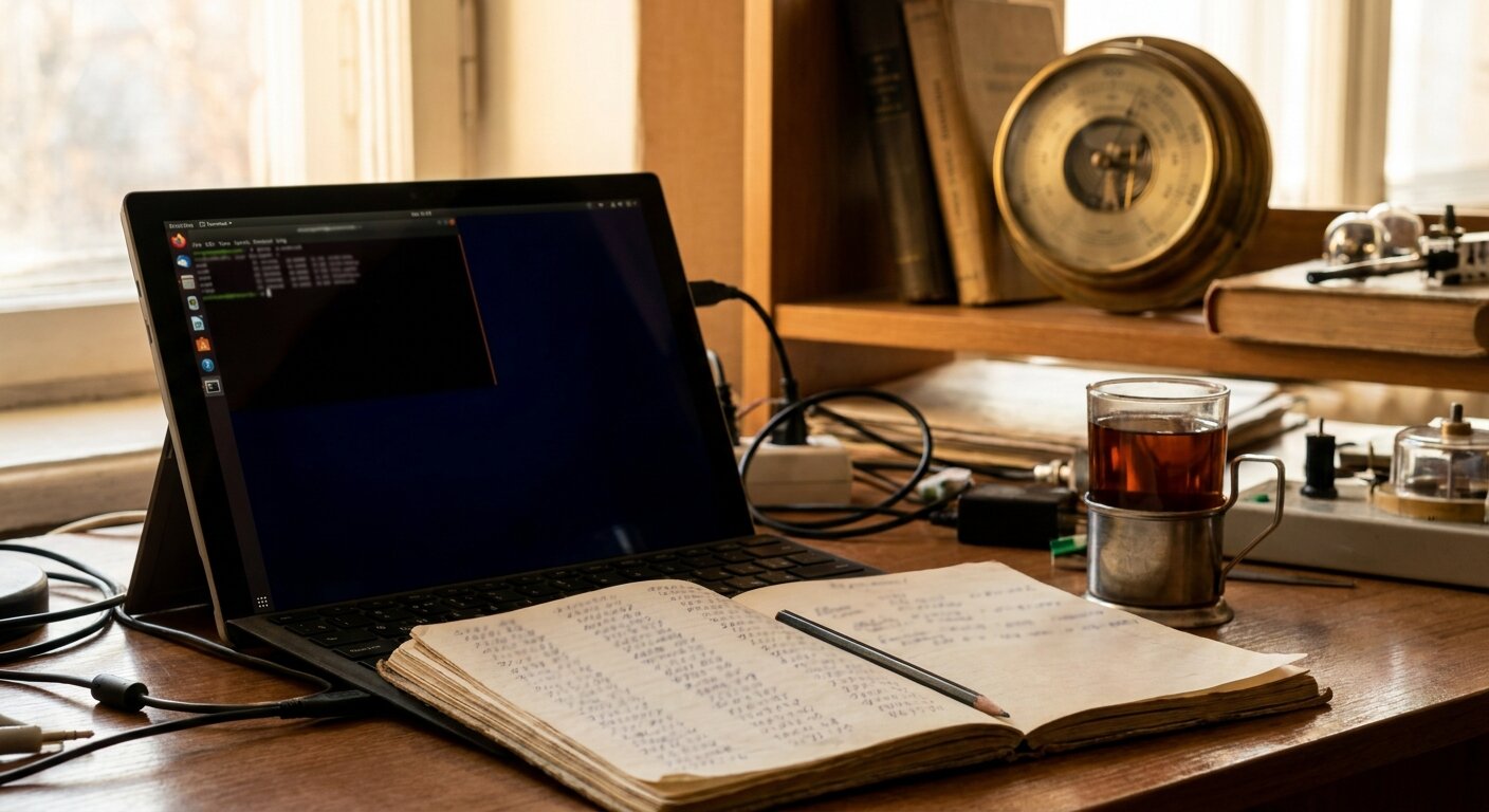 A physicist's desk in pale Tuesday afternoon light — a laptop open with a terminal window visible but text not legible, a handwritten notebook open to a page of columns and numbers, a vintage brass barometer on the shelf behind. Tea in a glass holder. The atmosphere is focused, a measurement in progress, something being recorded that has been recorded many times before. No text, no signs, no writing visible anywhere. Photorealistic, cinematic, warm afternoon light, documentary photography style, shallow depth of field, muted warm palette.