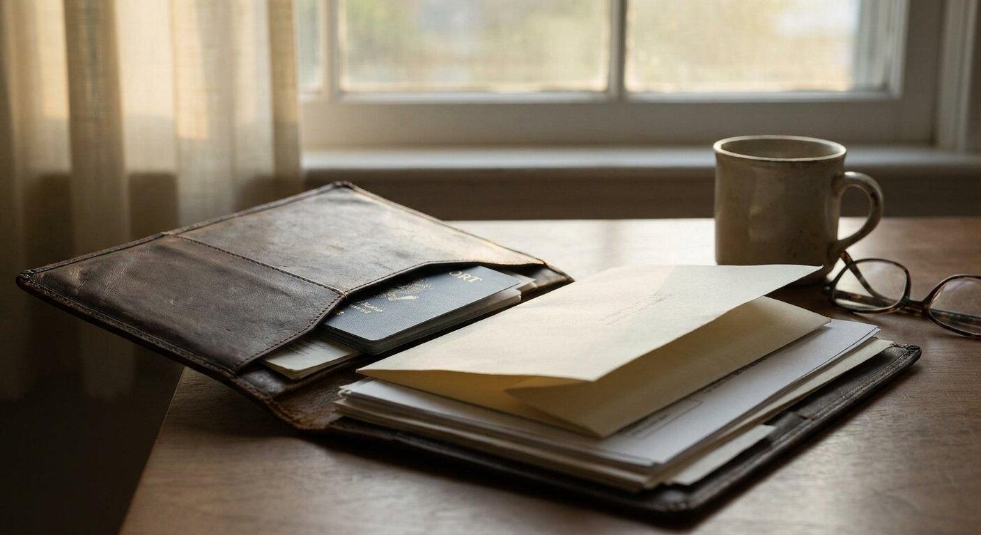 An open folder on a desk in pale Friday afternoon light, a passport visible but not legible at the center, a folded printed document beside it, the folder ready to be closed. The atmosphere is quiet preparation, everything in order. No text, no signs, no writing visible anywhere. Photorealistic, cinematic, warm afternoon light, documentary photography style, shallow depth of field, muted warm palette.