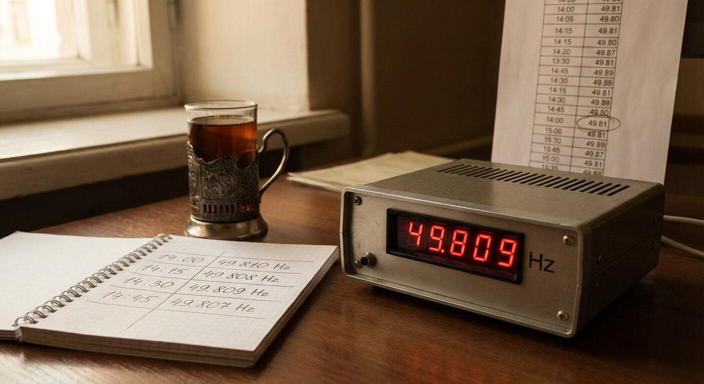 A frequency counter on a desk, its display reading a value slightly below 50.000 Hz. Beside it, a notebook open to a fresh measurement log. A glass of tea. Afternoon light from the window. On the desk, slightly out of focus, a printed page with a table of numbers — several rows, the last value circled in pencil. The atmosphere is quiet and methodical, as it always is on Tuesdays