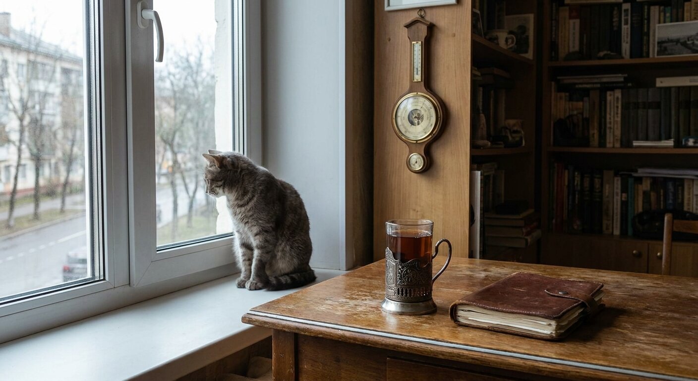 A researcher's apartment in pale Friday morning light — a vintage brass barometer on the shelf, a glass of tea in a metal podstakannik on the desk, a closed notebook beside it. A gray tabby cat on the windowsill watching the street. The atmosphere is a quiet return to the ordinary after several days of movement. No text, no signs, no writing visible anywhere. Photorealistic, cinematic, cool morning light, documentary photography style, shallow depth of field, muted warm palette.