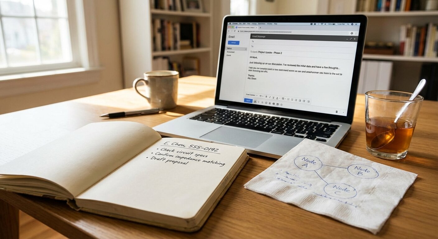 A desk in midday light. An open notebook showing a contact name and number written in careful handwriting, with a line of technical notes below it. A laptop with an email draft visible. Beside it, a scanned napkin from a café — a transmission line topology diagram with three labeled points. The atmosphere is practical, methodical — the beginning of a conversation that matters