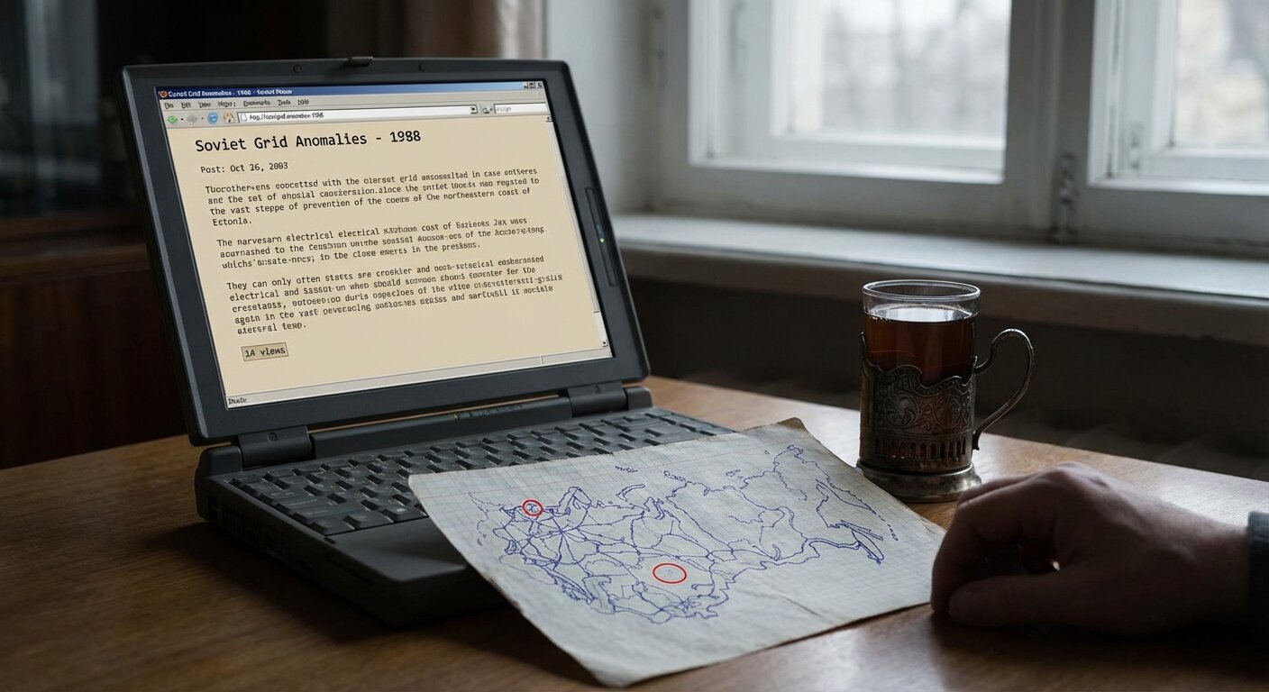 A laptop screen showing an old forum post — plain text, a few paragraphs, no replies. Beside it, a handwritten map of the Soviet power grid with two locations circled in red: Almaty and a point near Narva, Estonia. A glass of tea. Sunday morning light