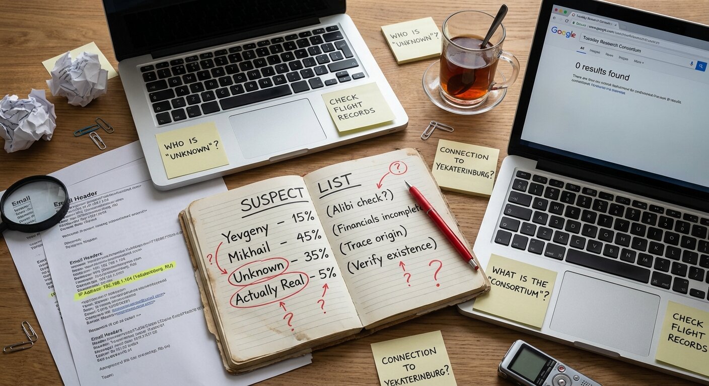 Notebook with investigation notes and email printouts