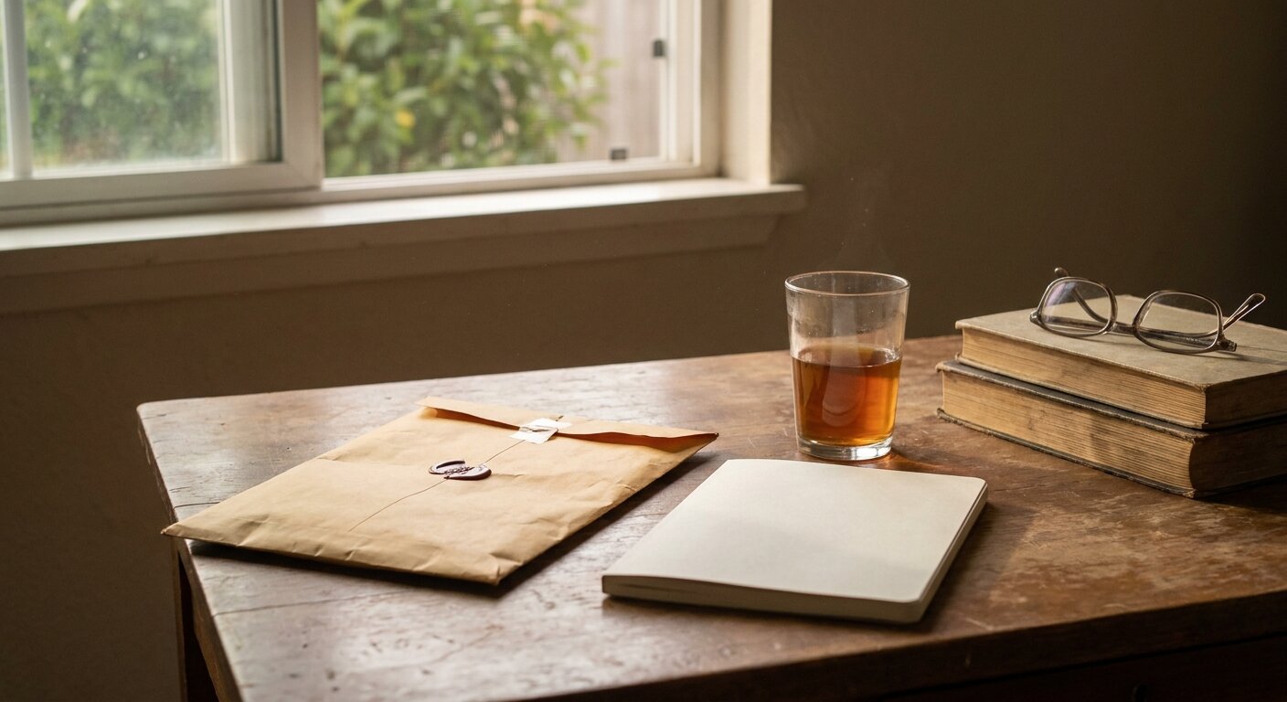 A researcher's desk on a Sunday morning — an opened envelope on the surface beside a notebook, a tea glass, quiet summer morning light through a window. The atmosphere is something waited for and now understood. No text, no signs, no writing visible anywhere. Photorealistic, cinematic, soft morning light, documentary photography style, shallow depth of field, muted warm palette.