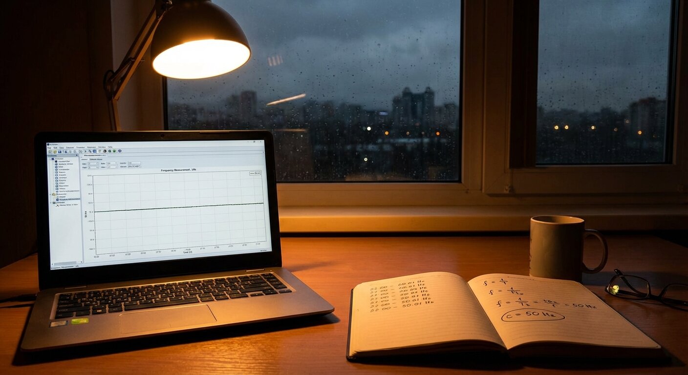 A desk at night, a single lamp illuminating a laptop with a measurement graph showing a flat 50 Hz line across a full day. Beside it, a notebook open to two separate sets of handwriting — measurement logs on the left page, physics calculations on the right. On the windowsill, the city is dark. The atmosphere is late, quiet, finished