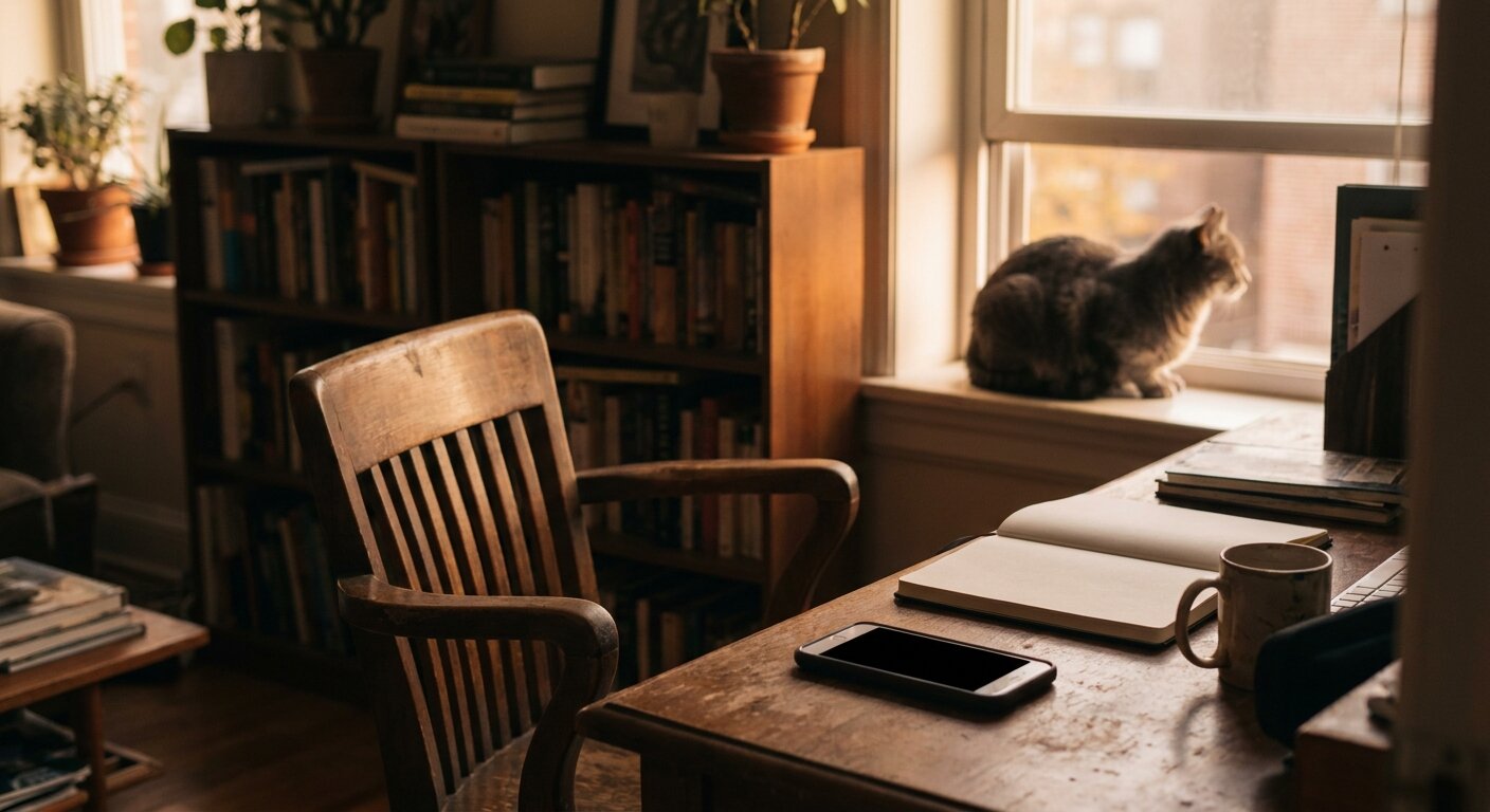 A researcher's apartment in Friday evening light — a desk chair pushed back, a phone set down beside an open notebook, a gray tabby cat on the windowsill, warm evening glow from outside. The atmosphere is a conversation that continued past its stated purpose. No text, no signs, no writing visible anywhere. Photorealistic, cinematic, warm evening light, documentary photography style, shallow depth of field, muted warm palette.