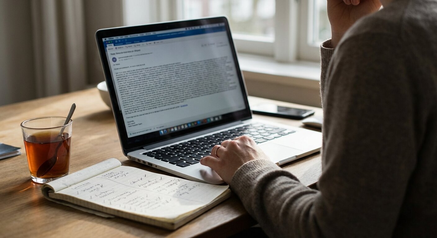 A desk in Sunday morning light. A laptop screen showing a long email — dense paragraphs, no images, the kind of email that took several hours to write. Beside the laptop, a handwritten list on a notepad, several rows, with small notations beside each entry. A glass of tea. The atmosphere is careful and slightly heavy, a person reading something that required time to think through before being sent. Photorealistic, cinematic, pale Sunday morning light, documentary photography style, shallow depth of field, muted warm-grey palette.