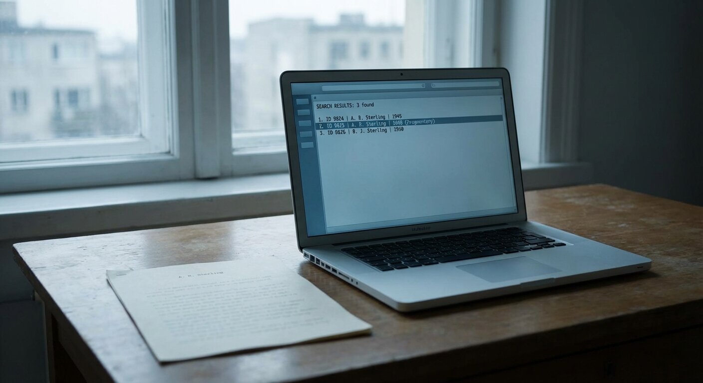 A desk with a laptop screen showing sparse search results — a few lines of text, a database interface, one result highlighted. Beside the laptop, a single printed page with a typewritten name visible. The desk is otherwise clear. Cool, neutral daylight. The atmosphere is methodical and slightly empty, the feeling of a search that has reached the edge of what is findable. Photorealistic, cinematic, cool neutral light, documentary photography style, shallow depth of field, muted palette.