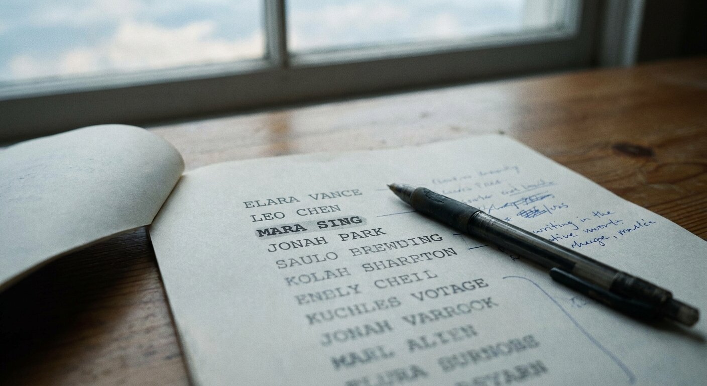 An open document on a plain table — a typed page with a column of names, one line slightly more prominent than the others. Beside it, a pen resting on the page. Marginal notes visible in a different ink, handwritten. The light comes from a window, pale and close. The atmosphere is the moment of reading something before you have decided what it means. Photorealistic, cinematic, pale window light, documentary photography style, shallow depth of field, muted cool-warm palette.