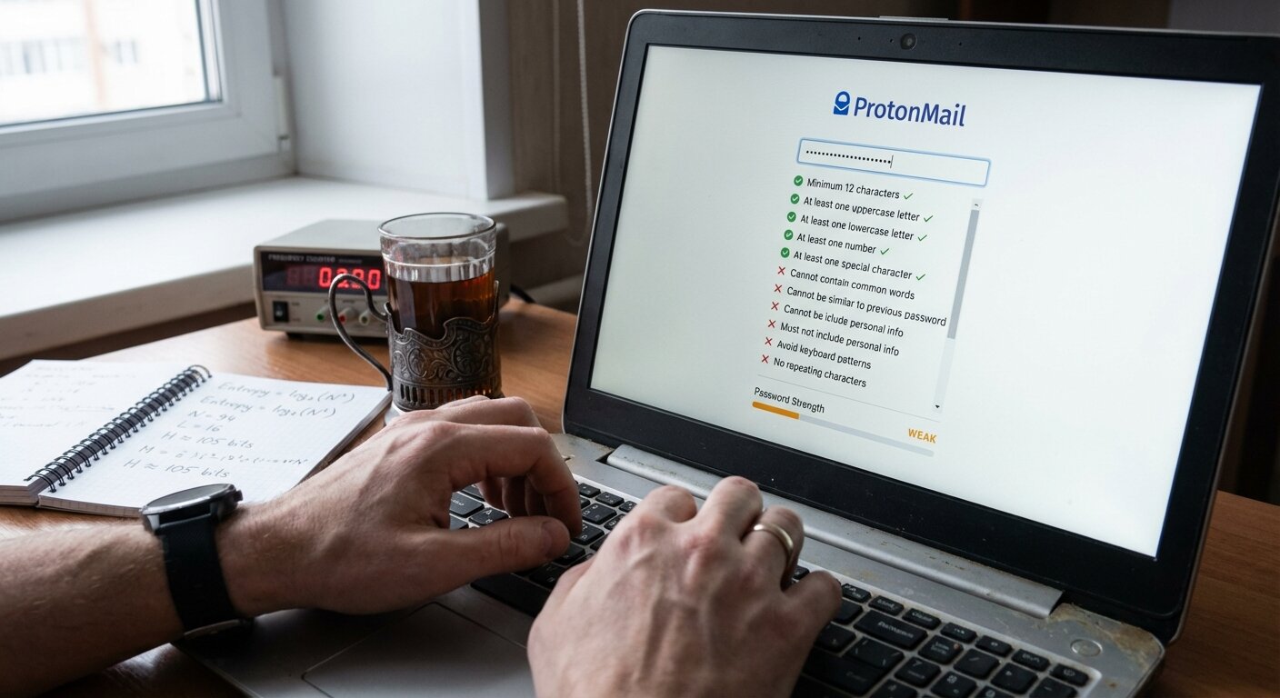 Laptop screen showing password requirements with increasingly complex rules