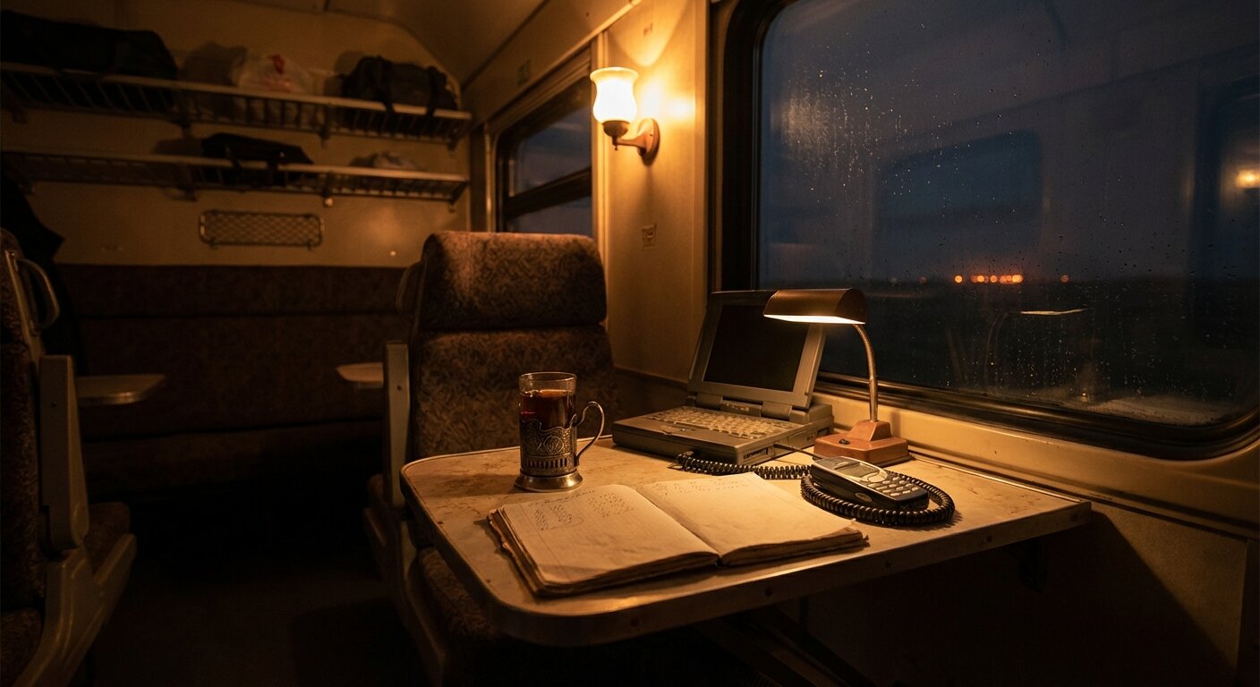 A train window at dusk showing the flat Kazakh steppe receding, a glass of tea in a podstakannik on the fold-down table, a notebook open, the inside of a train compartment warm against the darkening landscape outside