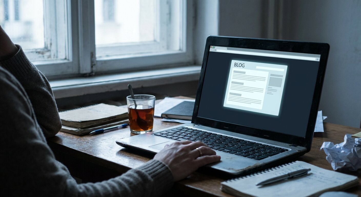 A researcher's laptop on a desk, screen open to a blog interface, a tea glass beside it, Wednesday morning summer light through a window. The atmosphere is something sent that cannot be unsent. No text, no signs, no writing visible anywhere. Photorealistic, cinematic, cool morning light, documentary photography style, shallow depth of field, muted neutral palette.