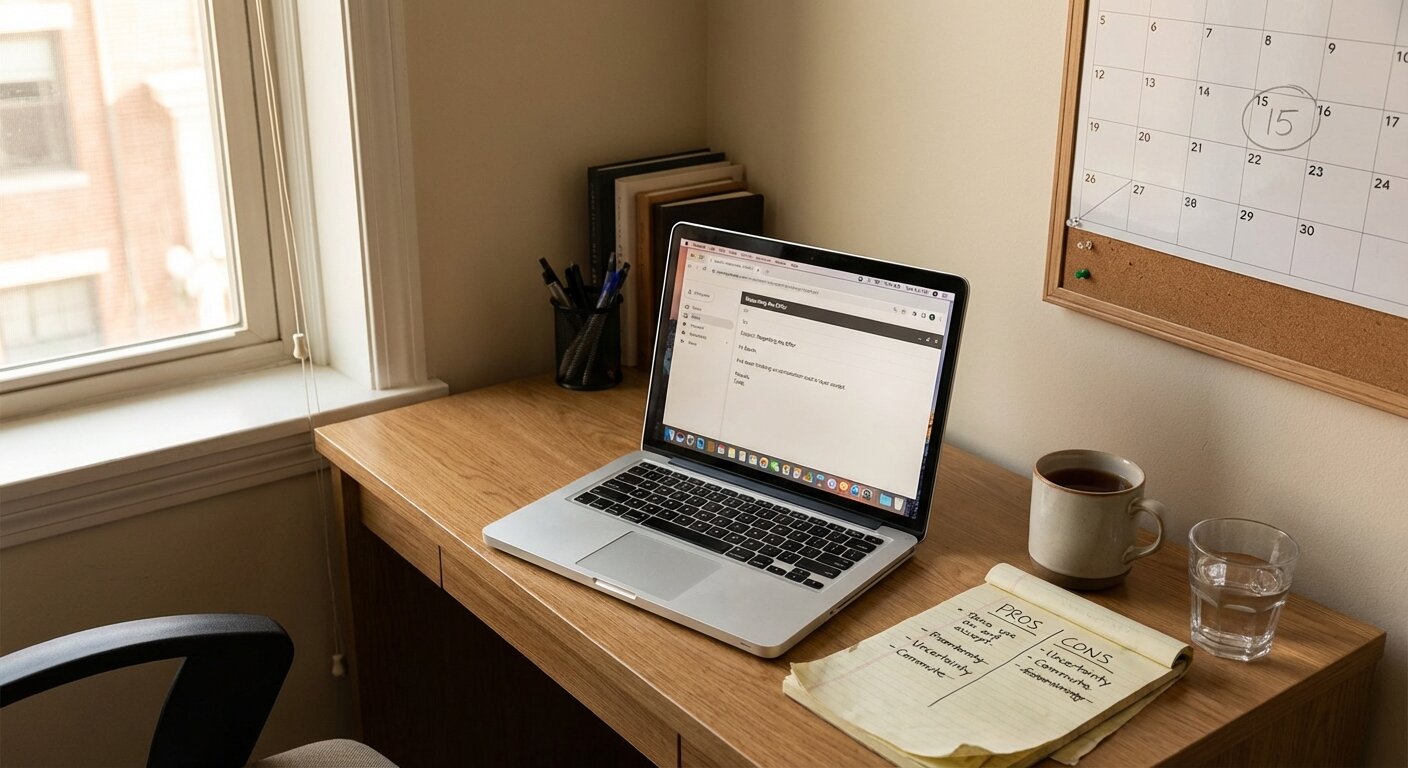 A desk with a calendar showing March 15 circled, an open laptop with an email draft, and a handwritten list of topics beside it