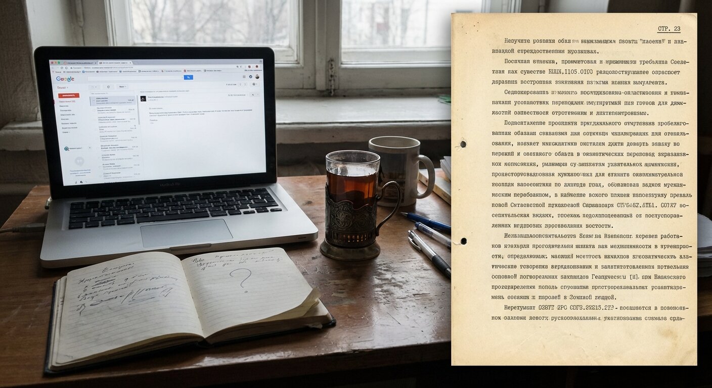 A desk in morning light. A laptop screen showing an open email, text visible but not readable. A glass of tea. A notebook open beside the laptop with a few handwritten lines and a question mark. The room is quiet, the light is grey and early