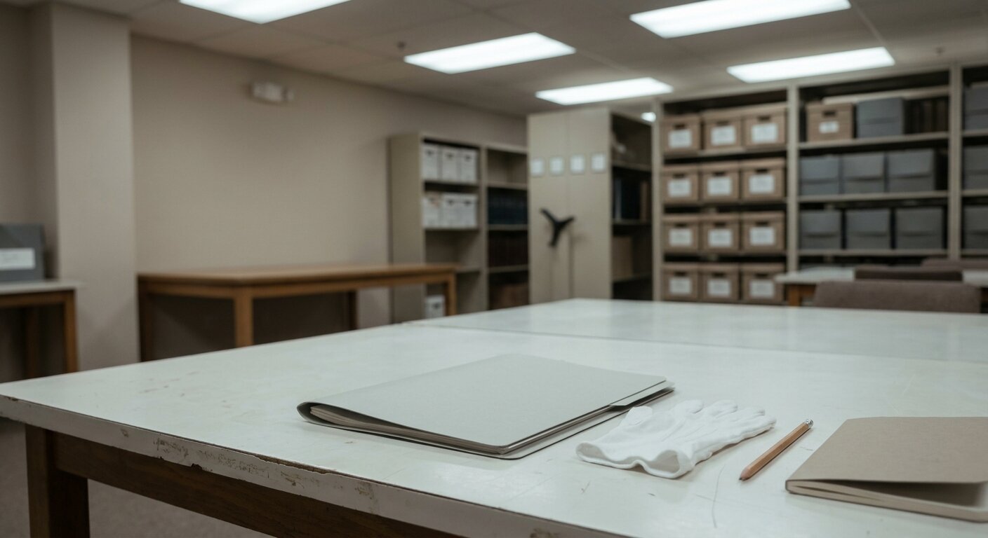 A document reading room in an archive — a pale gray folder open on a white reading table under institutional overhead light, cotton gloves beside it, a pencil and notebook to one side. The atmosphere is careful examination, something found. No text, no signs, no writing visible anywhere. Photorealistic, cinematic, cool institutional light, documentary photography style, shallow depth of field, muted pale palette.