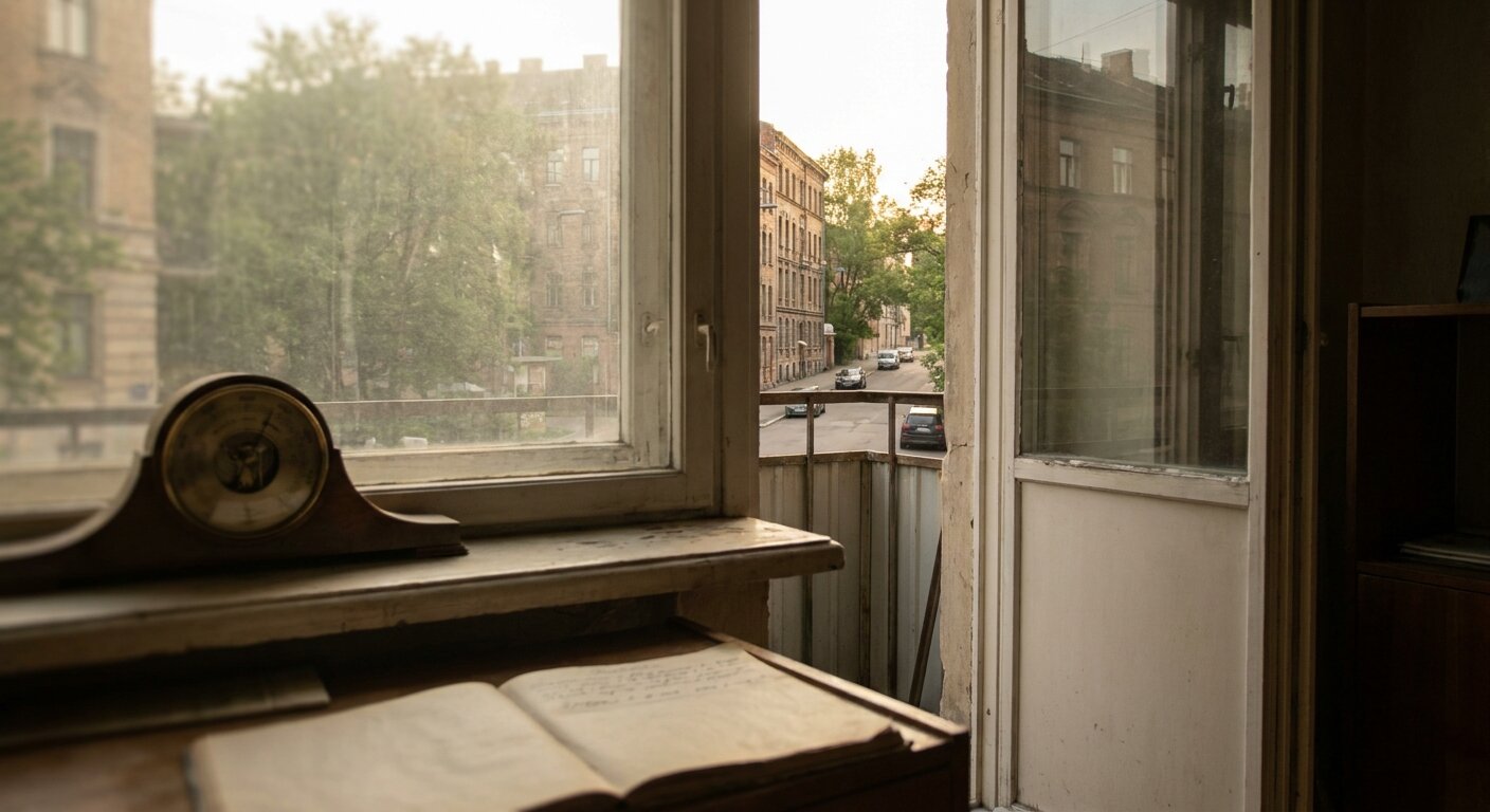 A researcher's apartment window in late May afternoon light — the balcony door ajar, a vintage brass barometer on the shelf, a notebook open on the desk to a single line of handwriting. The city street visible through the glass, quiet. The atmosphere is waiting, which is a kind of work. No text, no signs, no writing visible anywhere. Photorealistic, cinematic, soft afternoon light, documentary photography style, shallow depth of field, muted warm palette.