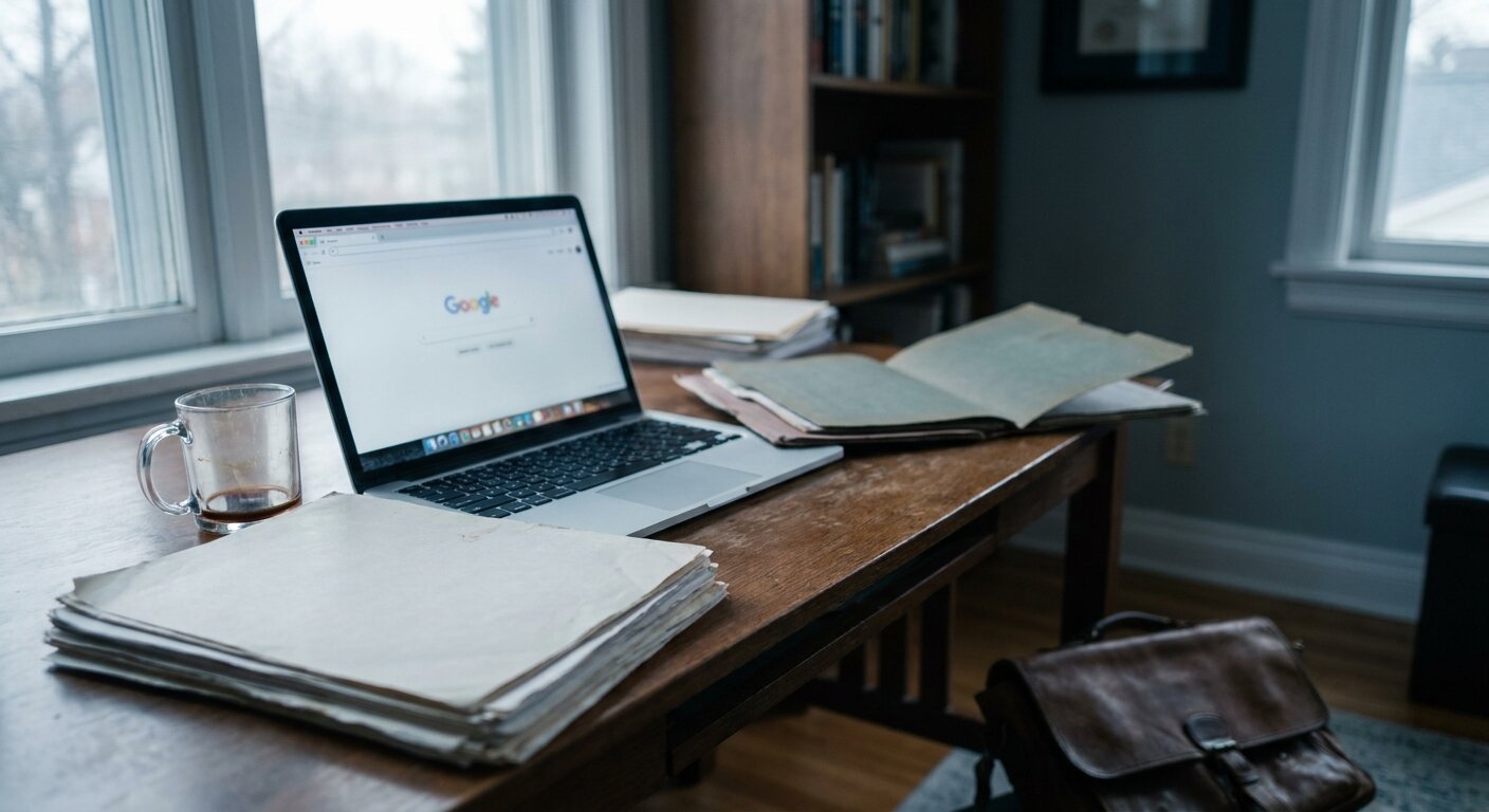 A researcher's desk on a Saturday morning — a laptop open to a browser, a printed document beside it, a tea glass, indirect morning light through a window. The atmosphere is a trail followed through archived material, something removed that was once there. No text, no signs, no writing visible anywhere. Photorealistic, cinematic, indirect morning light, documentary photography style, shallow depth of field, muted cool palette.