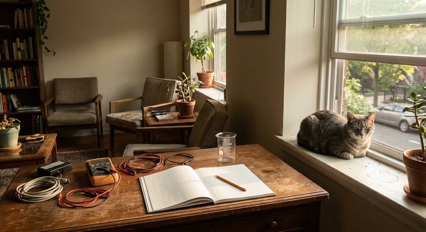 A researcher's apartment on a Tuesday afternoon in June — measurement equipment on a desk, a notebook open beside it, a gray tabby cat on the windowsill, long summer afternoon light. The atmosphere is a measurement in progress, steady and familiar. No text, no signs, no writing visible anywhere. Photorealistic, cinematic, warm afternoon light, documentary photography style, shallow depth of field, muted neutral palette.