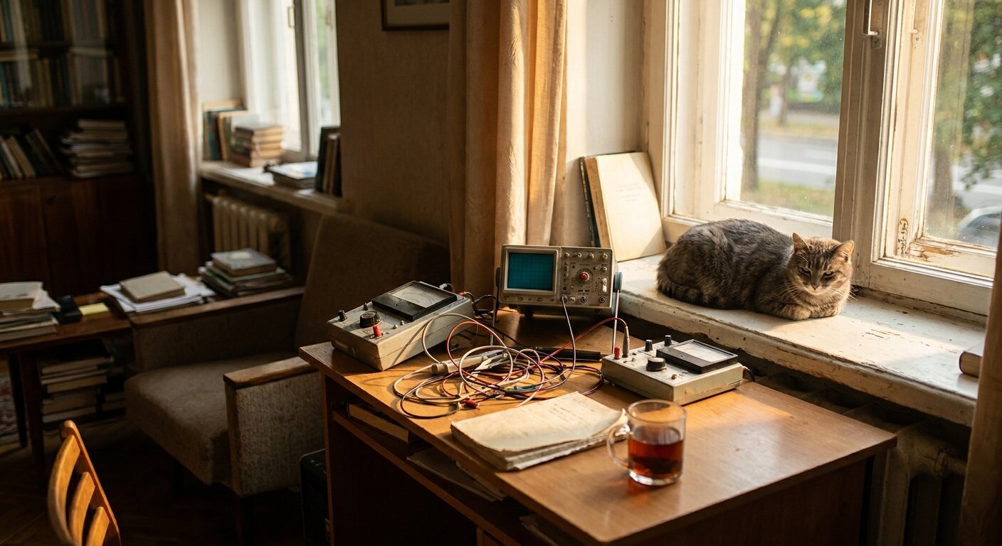 A researcher's apartment on a Tuesday afternoon — measurement equipment on a desk, a tea glass beside it, a gray tabby cat on the windowsill, long summer afternoon light. The atmosphere is a measurement that continues regardless of what surrounds it. No text, no signs, no writing visible anywhere. Photorealistic, cinematic, warm afternoon light, documentary photography style, shallow depth of field, muted neutral palette.
