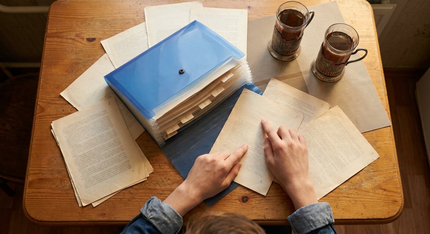 A kitchen table seen from above in afternoon light — a blue plastic accordion folder open at the center, several printed pages spread around it each with a small pencil number in the corner, two glasses of tea. A teenager's hands visible arranging one of the pages. No text or writing legible anywhere. Photorealistic, cinematic, warm afternoon light, documentary photography style, shallow depth of field, muted warm palette.