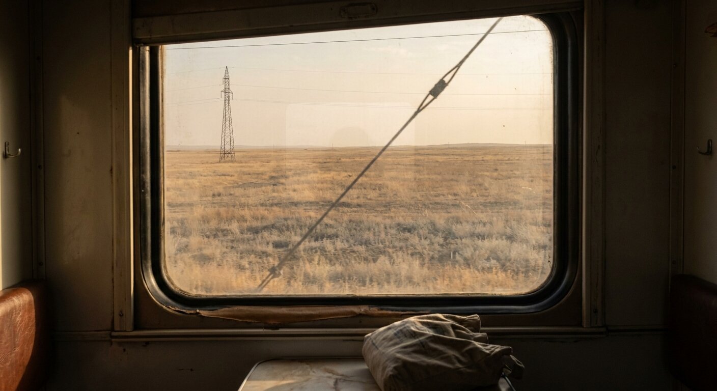 A train window facing south, the Kazakhstan steppe in afternoon light — flat pale grass to the horizon, a distant power line tower visible on one side, the long straight shadow of the overhead cable crossing the glass. The atmosphere is return, distance, and something settling. Photorealistic, cinematic, warm flat afternoon light, documentary photography style, shallow depth of field, muted ochre-grey palette.