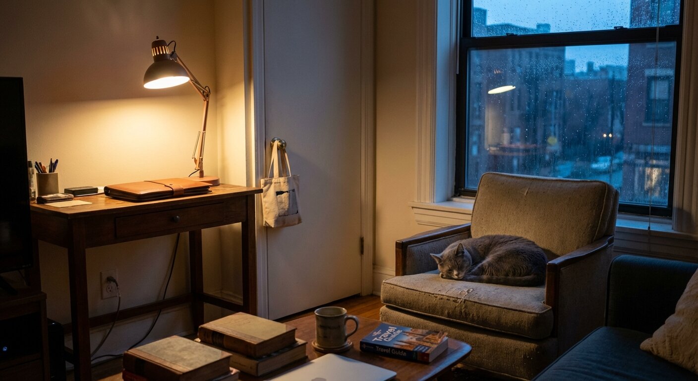 An apartment living room in Sunday evening light — a lamp lit on a desk, a folder and a small bag resting near the door, a gray cat settled on a chair by the window. Outside the glass, the dark street. The atmosphere is the particular quiet before a journey. Photorealistic, cinematic, warm lamp light against blue evening window, documentary photography style, shallow depth of field, muted warm palette.