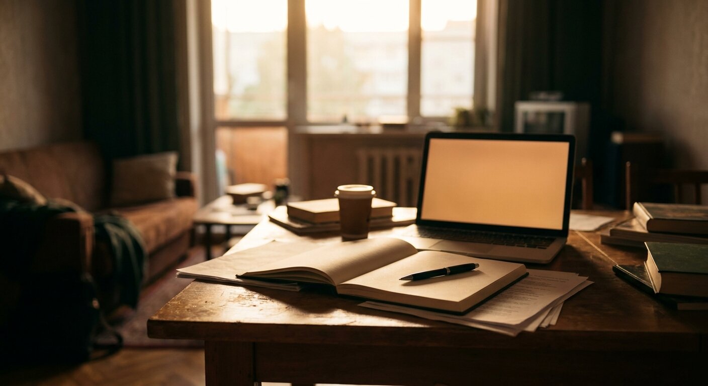 A researcher's apartment on a Sunday evening — a desk with a notebook open, a pen set down beside it, a laptop with a draft visible only as a lit rectangle, evening summer light. The atmosphere is something written, deleted, and written again. No text, no signs, no writing visible anywhere. Photorealistic, cinematic, warm evening light, documentary photography style, shallow depth of field, muted warm palette.