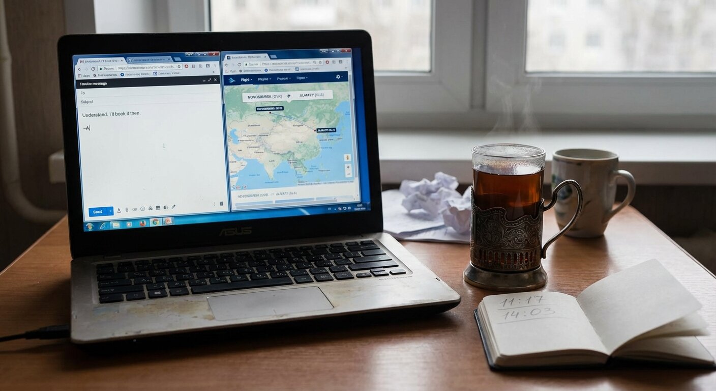 A desk in late morning light. A laptop with a short email drafted and not yet sent. A glass of tea. A browser tab open to an airline schedule — Novosibirsk to Almaty. The window shows grey Monday sky. The atmosphere is quiet and slightly deliberate — someone arriving at a decision after thinking about it for two days
