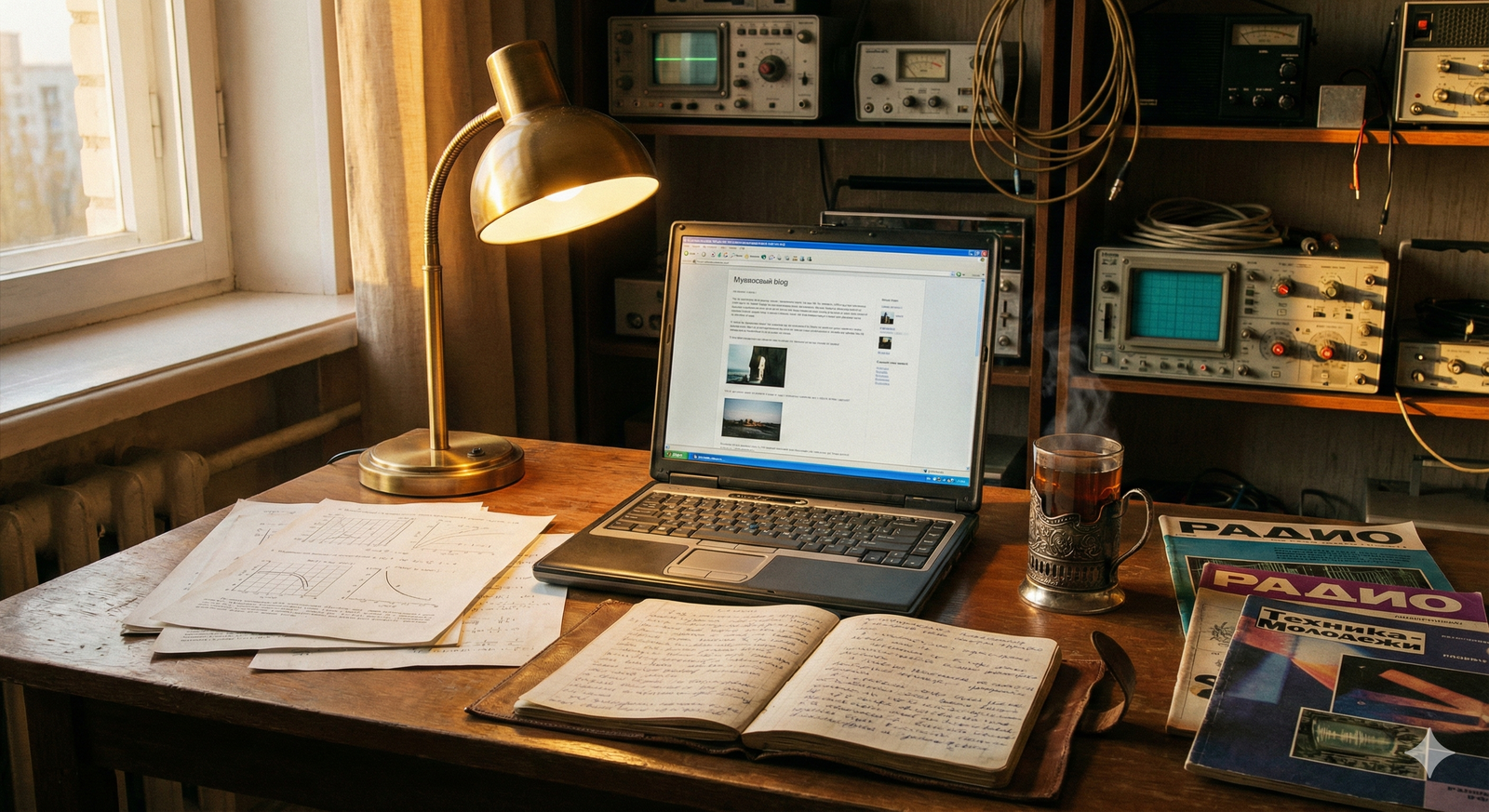 A desk with laptop and tea