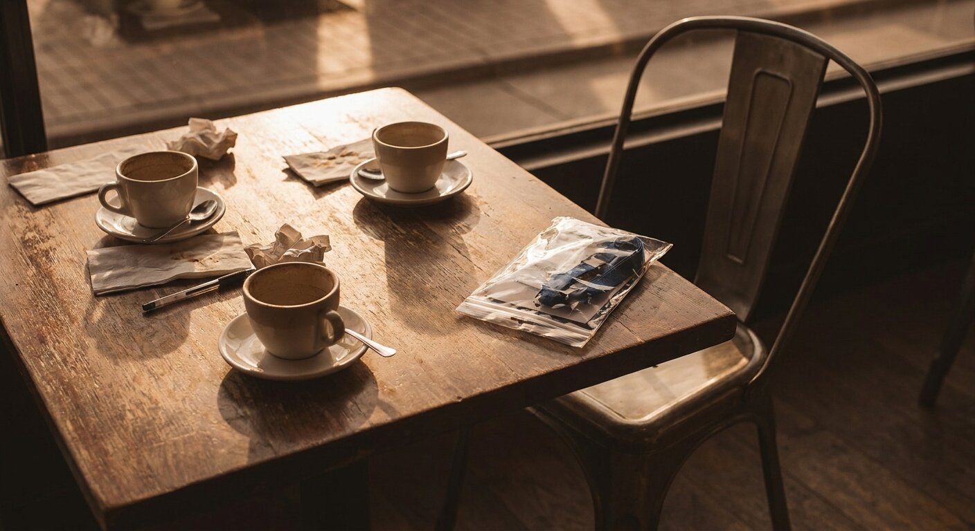 A café table seen from slightly above in late afternoon light — two empty coffee cups, the light changed from what it was when they arrived. One chair pushed back slightly. A conference lanyard still in its packaging sits at the corner of the table, forgotten or left on purpose. The atmosphere is a meeting that lasted longer than planned. Photorealistic, cinematic, warm late afternoon light, documentary photography style, shallow depth of field, muted warm palette.