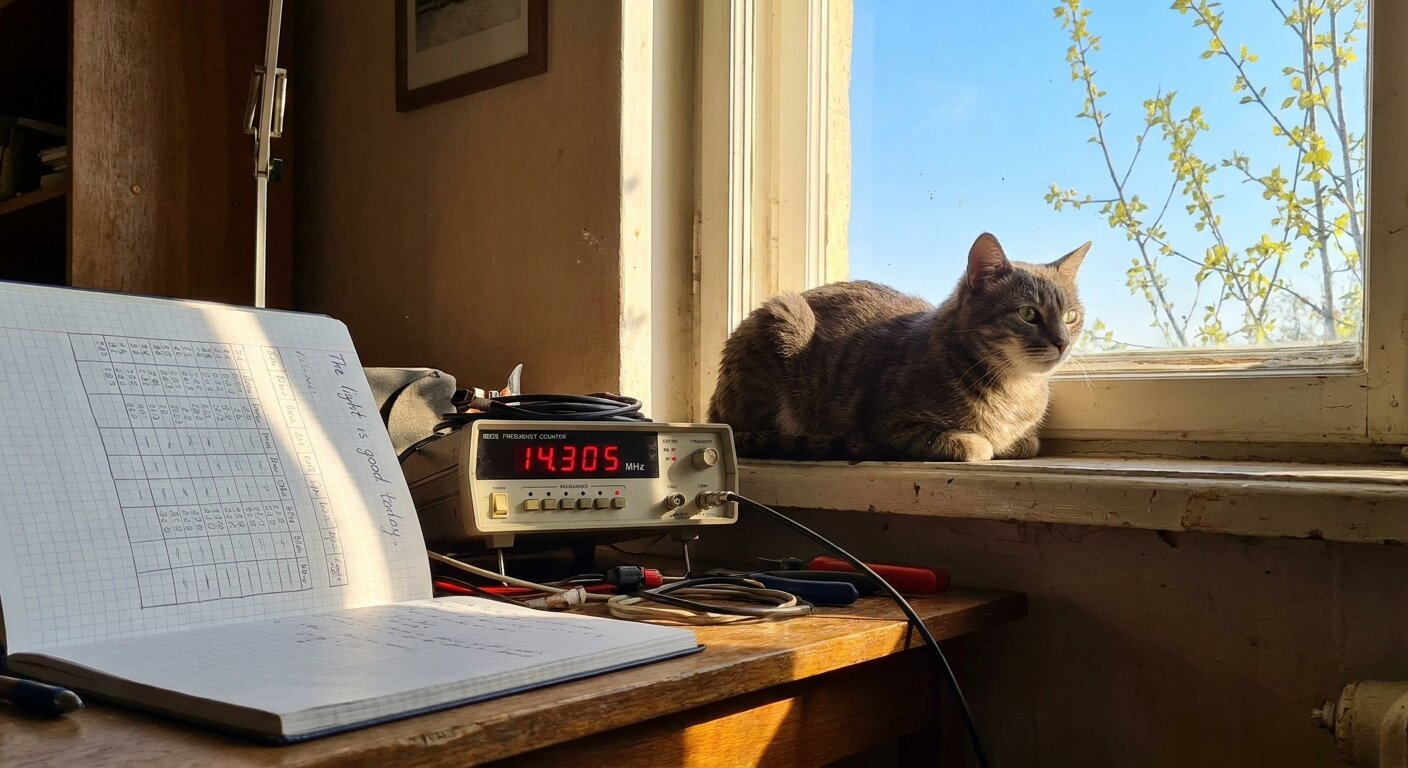 A desk in warm afternoon spring light — an open notebook showing a data table with a small measurement graph, and below it handwritten notes including the words "The light is good today." A digital frequency counter beside the notebook. On the windowsill in the background, a gray tabby cat sits in full sunlight. Through the window, blue sky and the first green leaves. Photorealistic, cinematic, warm spring afternoon light, documentary photography style, shallow depth of field, warm golden palette.