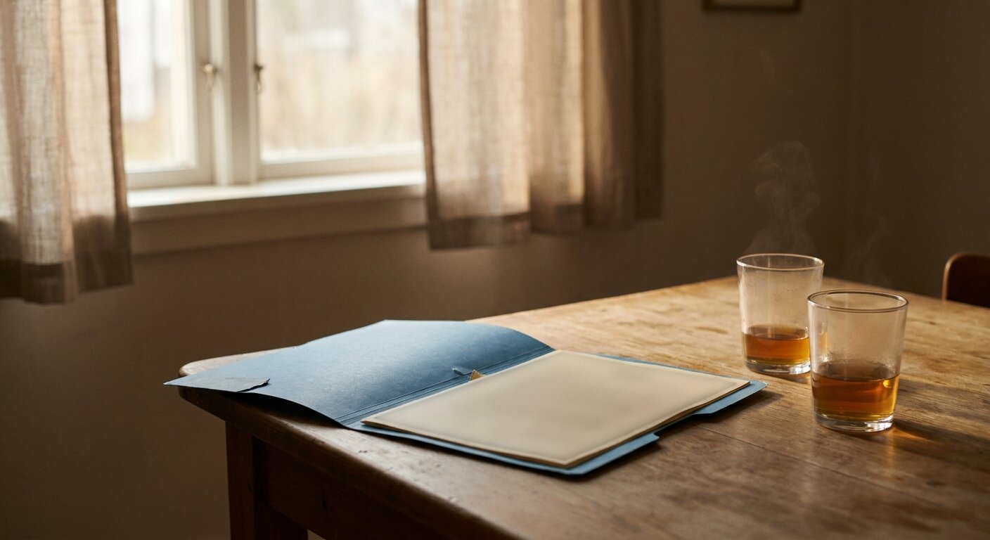 A kitchen table with a blue folder open on it, a printed document visible as a shape without legible content, two tea glasses, afternoon light from a window. The atmosphere is something read and understood in silence. No text, no signs, no writing visible anywhere. Photorealistic, cinematic, soft afternoon light, documentary photography style, shallow depth of field, muted neutral palette.