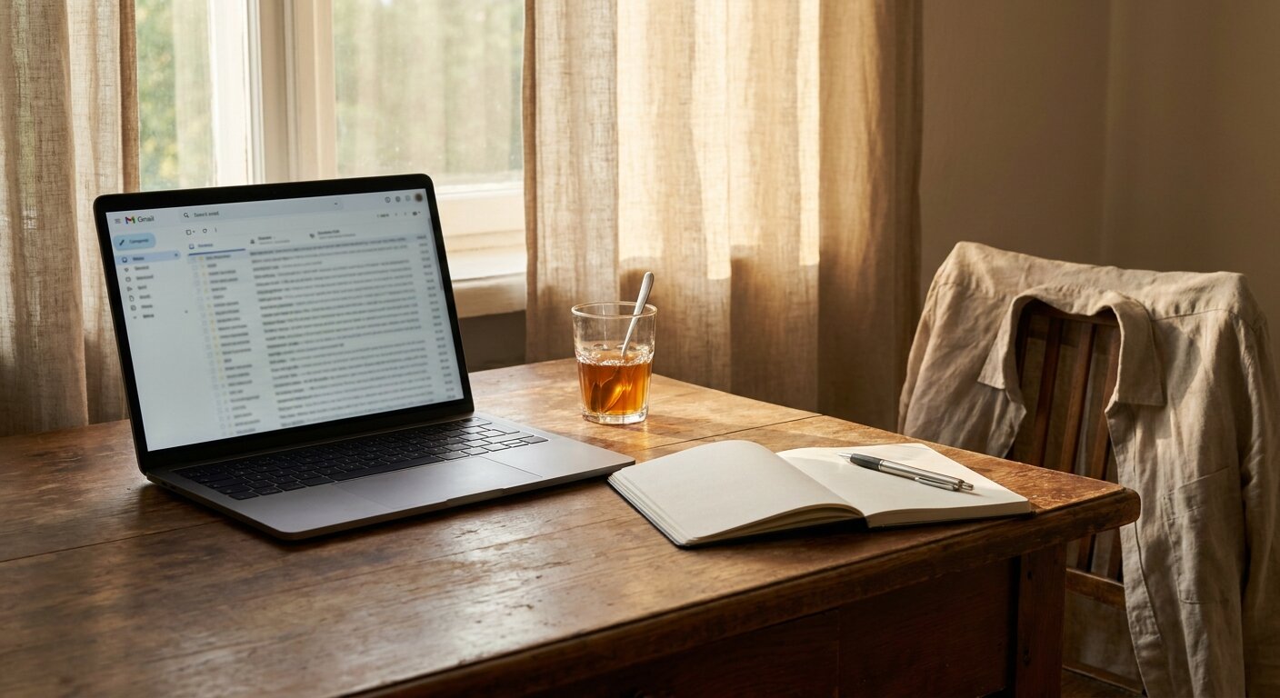 A researcher's desk on a Friday morning — a laptop open to an email client, a handwritten notebook beside it with a page partly visible, a tea glass, morning summer light. The atmosphere is careful reading before a careful reply. No text, no signs, no writing visible anywhere. Photorealistic, cinematic, soft morning light, documentary photography style, shallow depth of field, muted neutral palette.